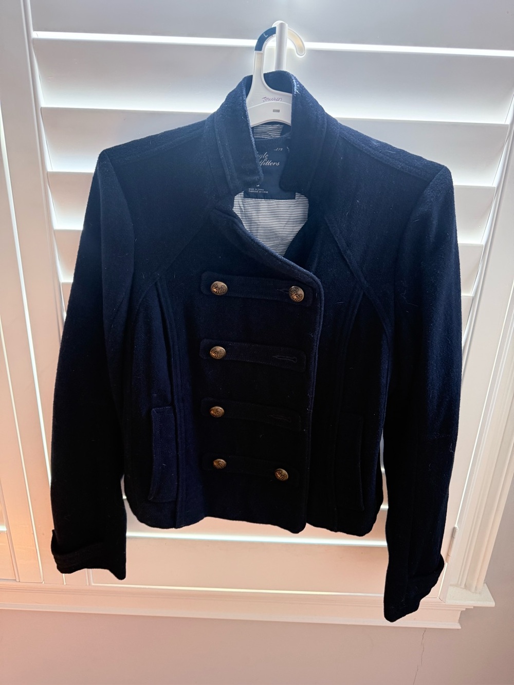 American Eagle Military Style Wool Blend Women's Large Navy Blue Pea Coat